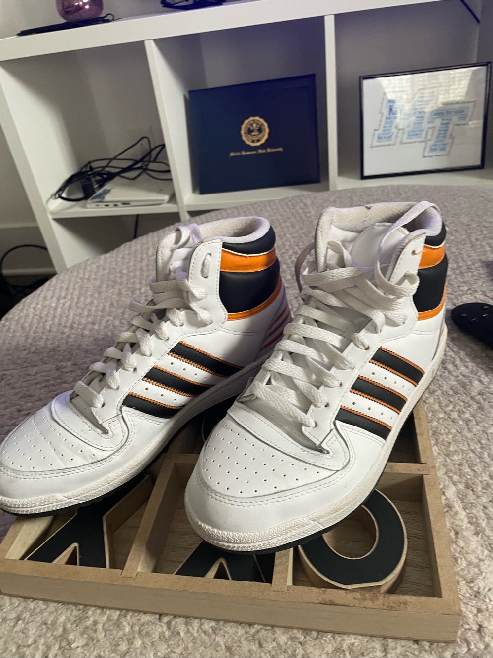 White High-Top Sneakers with Black and Orange Accents - Women/Men